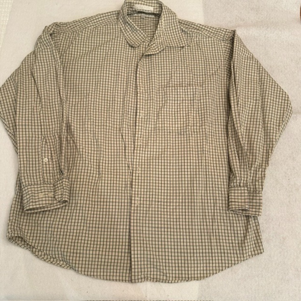 Perry Ellis 2 Ply Cotton Button Down Shirt Mens Beige Plaid Check XL Long Sleeve